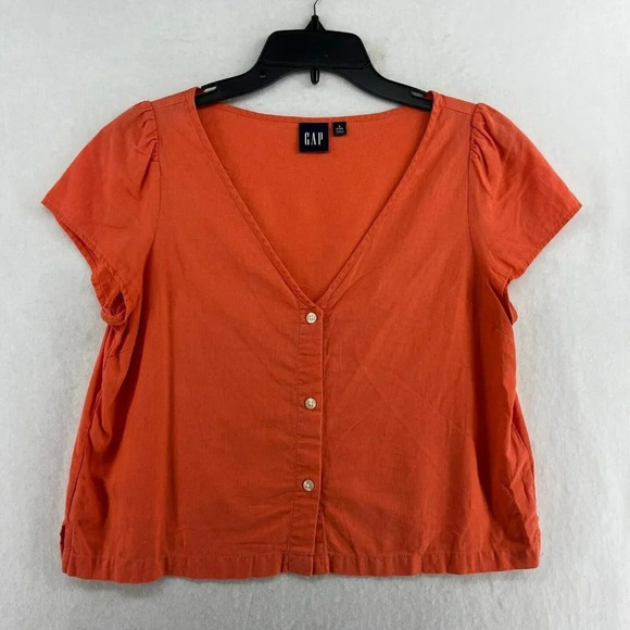 Gap Button-Up Shirt Women's Sz PS Orange Relaxed Fit V-Neck Cropped Side Slit - Picture 1 of 12